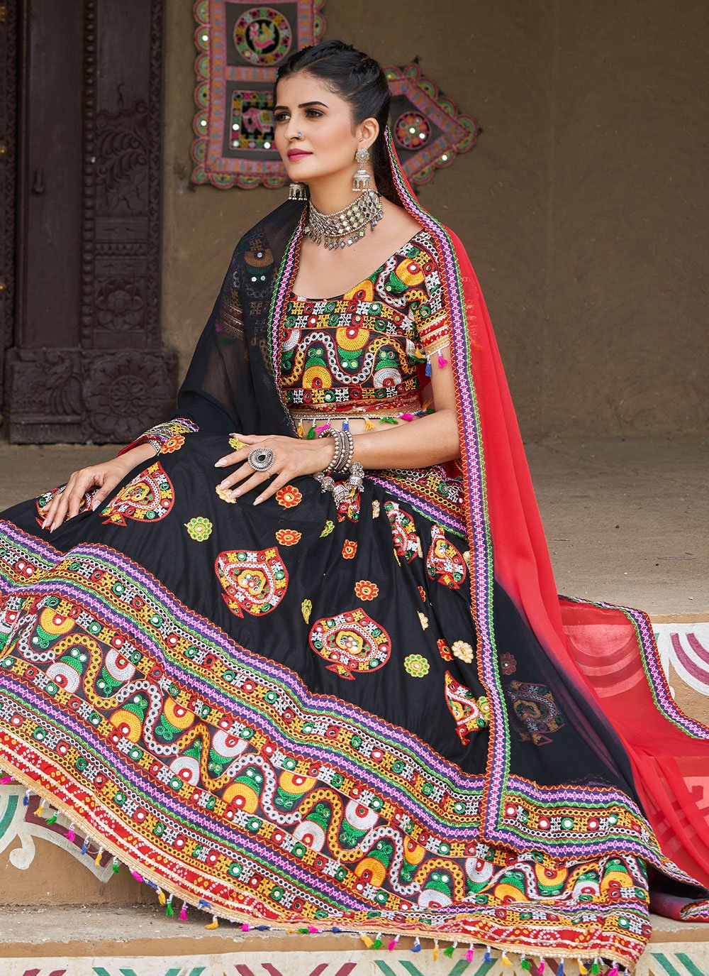 Black Crepe Silk Printed & Embellished Rajasthani Lehenga Choli Dupatt –  SCAKHI