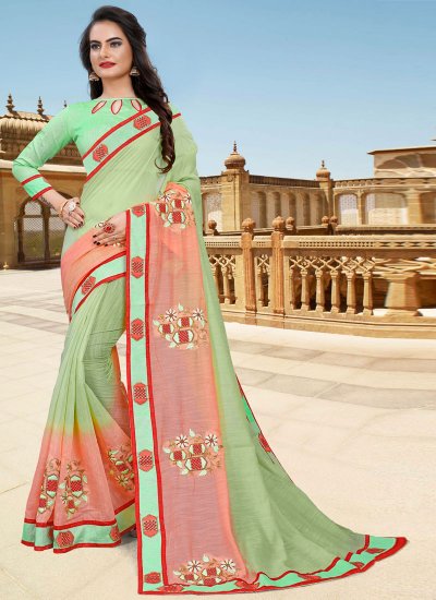 Sunshine Lace Green and Pink Cotton Classic Designer Saree