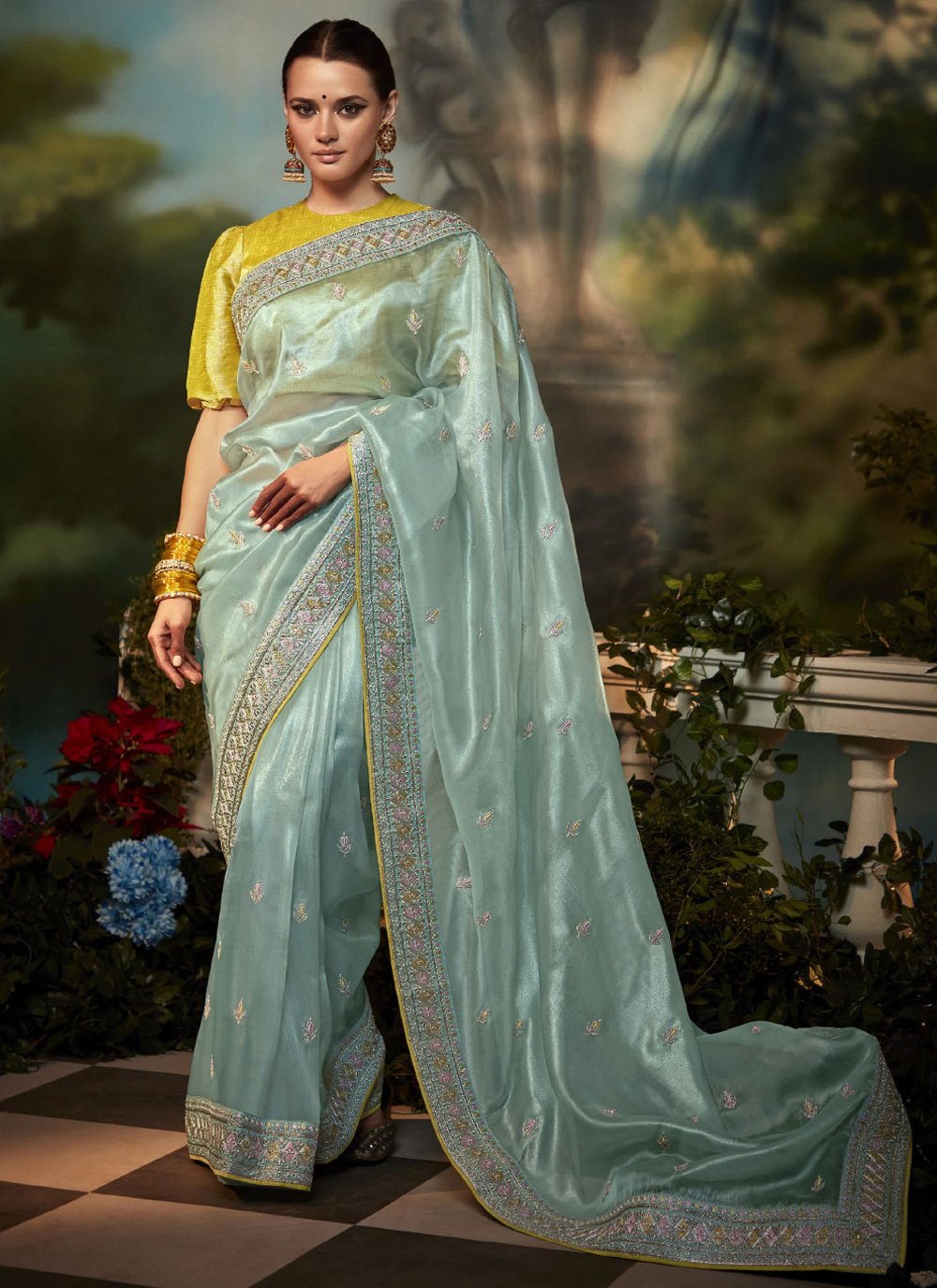 Aqua blue Georgette and silk saree - SR14853