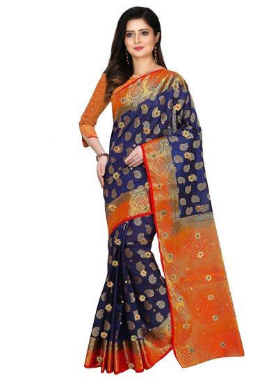 Surpassing Embroidered Blue Kanjivaram Silk Trendy Saree