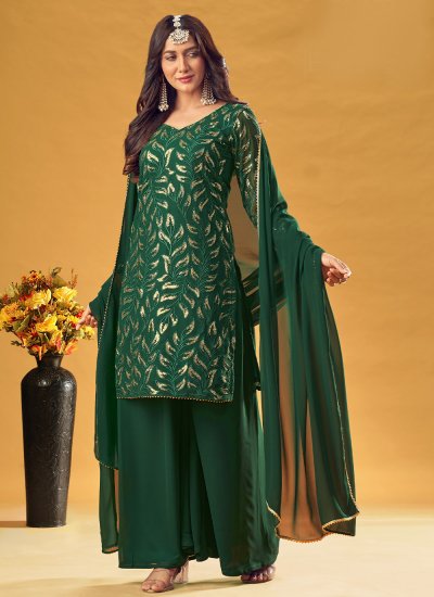 Surpassing Embroidered Faux Georgette Green Readymade Salwar Kameez