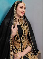 Surpassing Faux Georgette Black Embroidered Jacket Style Suit