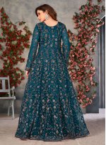 Surpassing Teal Embroidered Net Designer Floor Length Salwar Suit