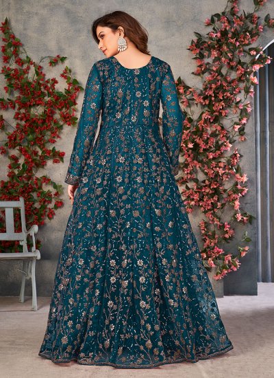 Surpassing Teal Embroidered Net Designer Floor Length Salwar Suit