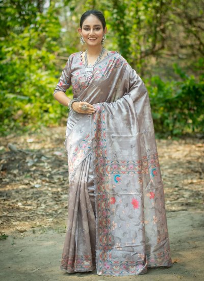 Surpassing Tussar Silk Grey Embroidered Contemporary Saree