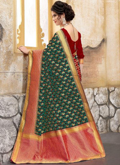 Surpassing Weaving Art Silk Green and Red Half N Half  Saree