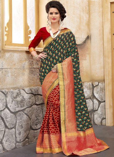 Surpassing Weaving Art Silk Green and Red Half N Half  Saree