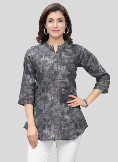 Swanky Printed Blended Cotton Grey Party Wear Kurti