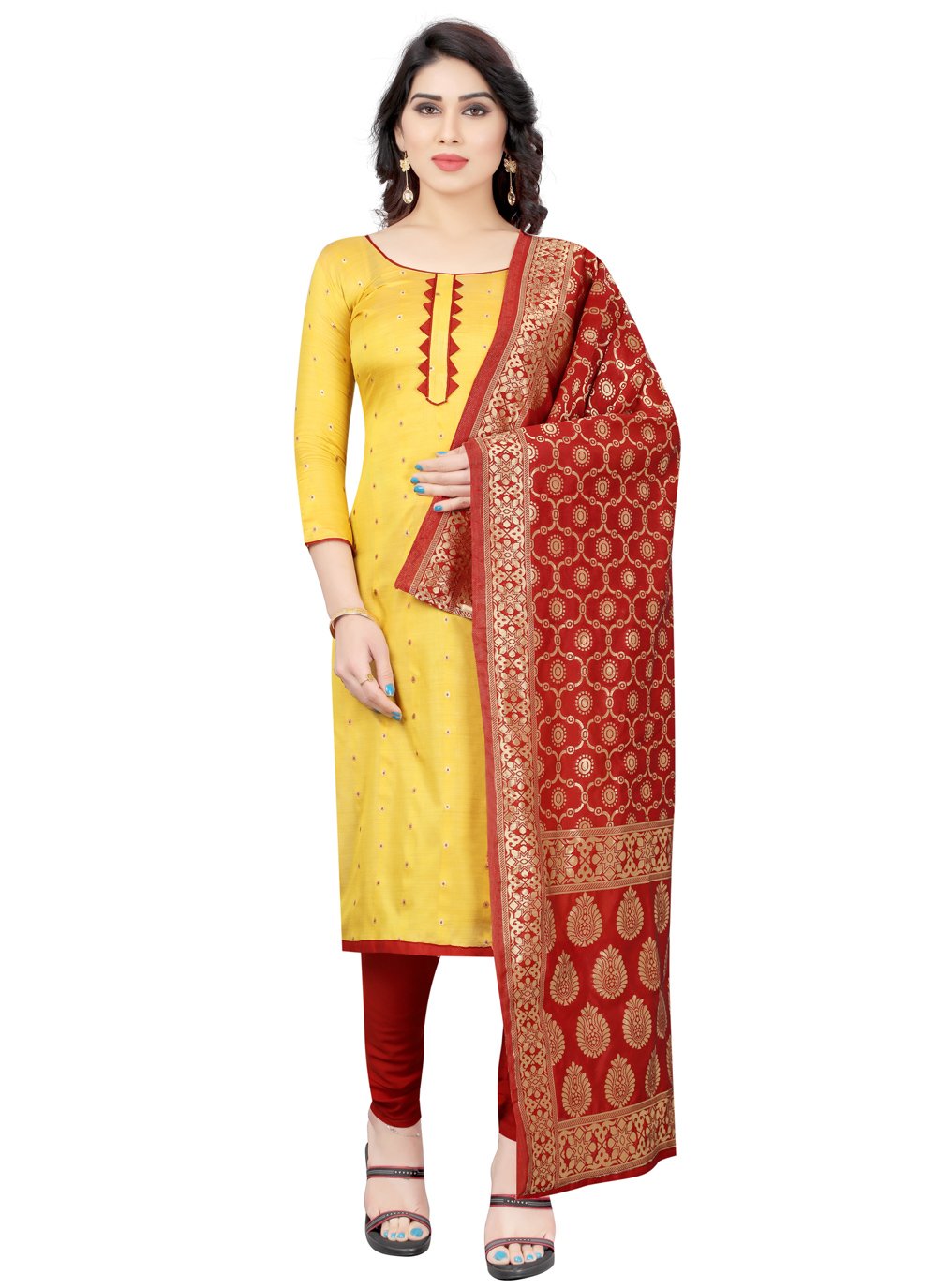 tafeta silk yellow churidar designer suit 153066