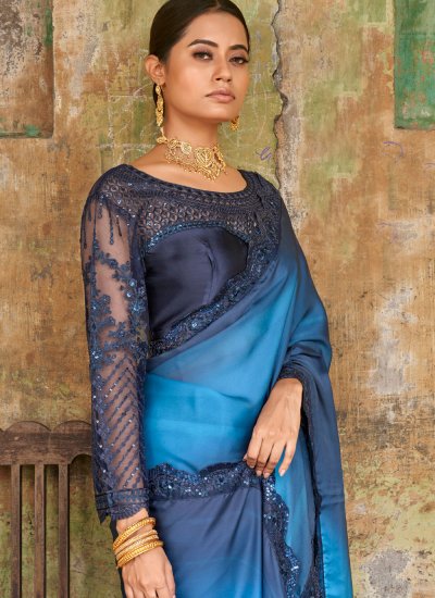 Tantalizing Blue Lace Satin Contemporary Saree