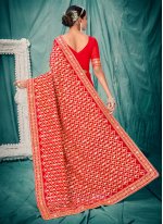 Tantalizing Embroidered Faux Georgette Red Traditional Saree