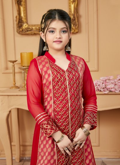 Tantalizing Faux Georgette Red Pant Style Suit