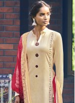 Tantalizing Satin Cream Embroidered Designer Pakistani Salwar Suit