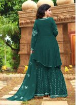 Teal Embroidered Designer Palazzo Suit