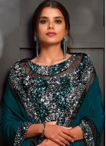 Teal Faux Georgette Embroidered Designer Saree