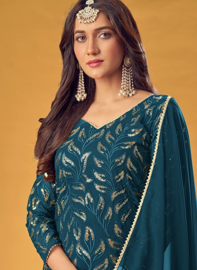 Teal Faux Georgette Embroidered Readymade Salwar Suit