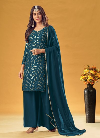Teal Faux Georgette Embroidered Readymade Salwar Suit
