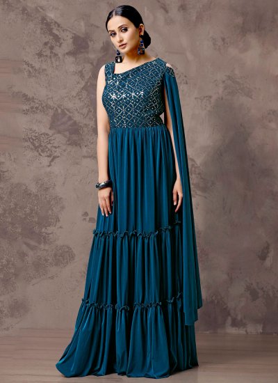 Teal Imported Sequins Designer Gown