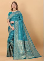Teal Kanchipuram Silk Weaving Classic Saree
