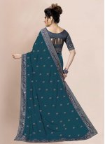 Teal Net Embroidered Traditional Saree