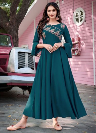Teal Rayon Readymade Designer Gown