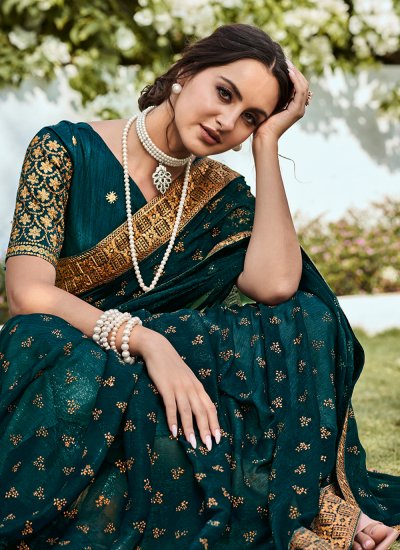 Teal Shimmer Embroidered Trendy Saree