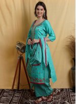 Teal Thread Work Party Palazzo Salwar Suit