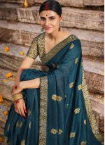 Teal Vichitra Silk Embroidered Traditional Saree