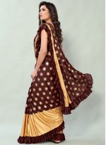 Tempting Faux Crepe Brown Sequins Designer Ready Pleated Saree