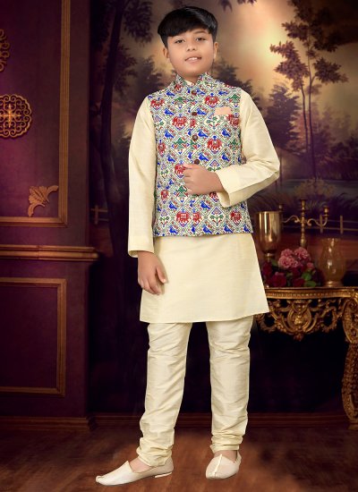 Tempting Silk Cream and Multi Colour Digital Print Work Kurta Payjama With Jacket