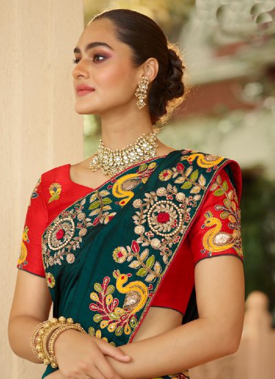 Thread Silk Designer Saree in Green and Mustard
