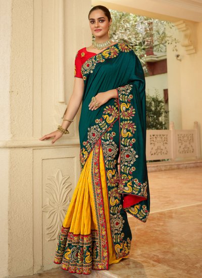 Thread Silk Designer Saree in Green and Mustard
