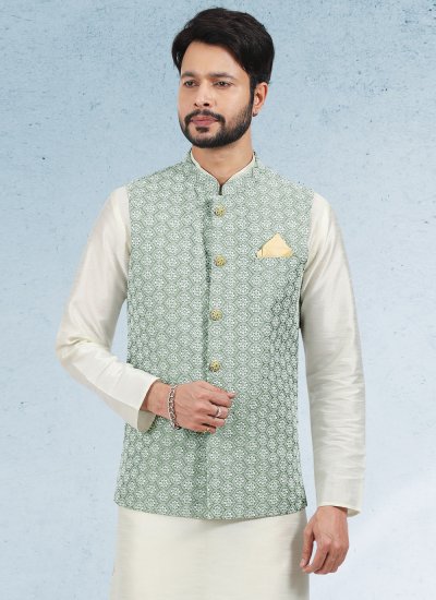 Thread Work Art Banarasi Silk Kurta Payjama With Jacket in Cream and Green