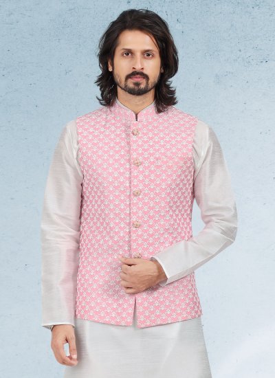 Thread Work Art Banarasi Silk Kurta Payjama With Jacket in Off White and Pink