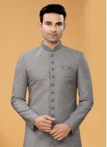 Thread Work Fancy Fabric Indo Western Sherwani in Grey