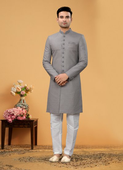 Thread Work Fancy Fabric Indo Western Sherwani in Grey