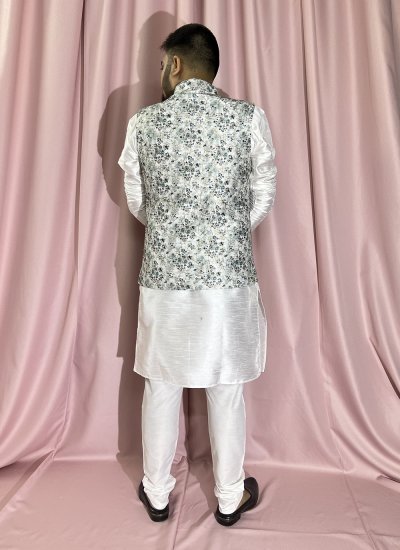 Thread Work Silk Kurta Payjama With Jacket in Cream and White
