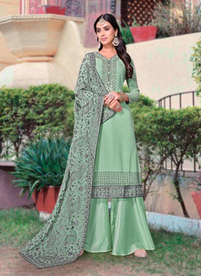 Thrilling Embroidered Sea Green Faux Georgette Designer Palazzo Suit