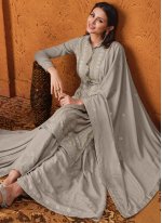 Thrilling Faux Chiffon Grey Sequins Designer Palazzo Suit