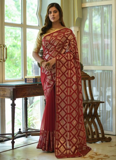 Thrilling Maroon Sequins Georgette Contemporary Saree