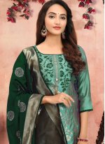 Thrilling Printed Green Banarasi Silk Churidar Designer Suit