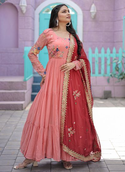 Tiptop Embroidered Faux Georgette Peach Gown 