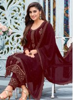 Tiptop Faux Georgette Embroidered Maroon Pant Style Suit
