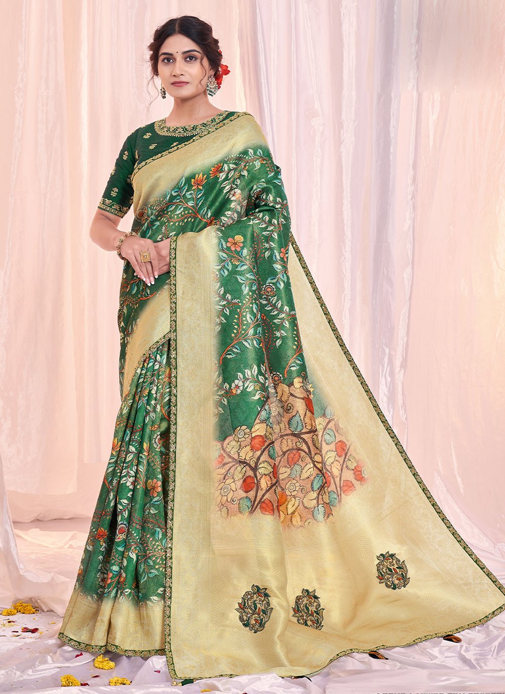 Tissue Green Printed Contemporary Saree