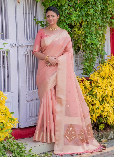 Tissue Pink Zari Classic Saree