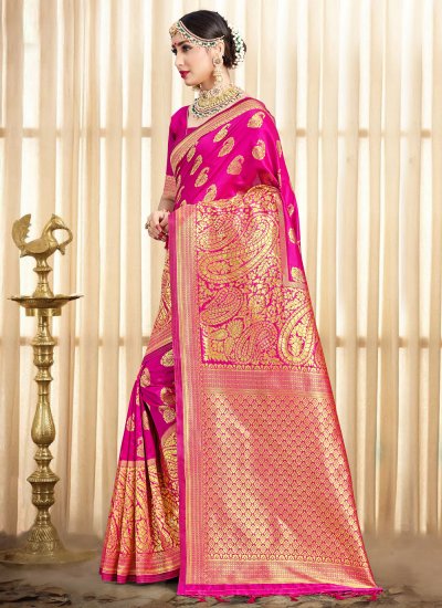 Titillating Art Banarasi Silk Hot Pink Woven Designer Traditional Saree