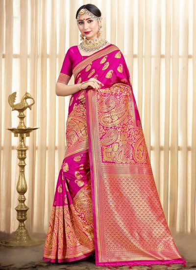 Titillating Art Banarasi Silk Hot Pink Woven Designer Traditional Saree