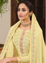 Titillating Embroidered Faux Chiffon Yellow Designer Palazzo Suit