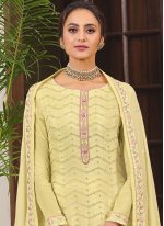 Titillating Embroidered Faux Chiffon Yellow Designer Palazzo Suit