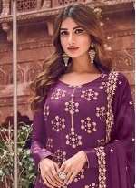 Titillating Embroidered Purple Trendy Straight Salwar Kameez